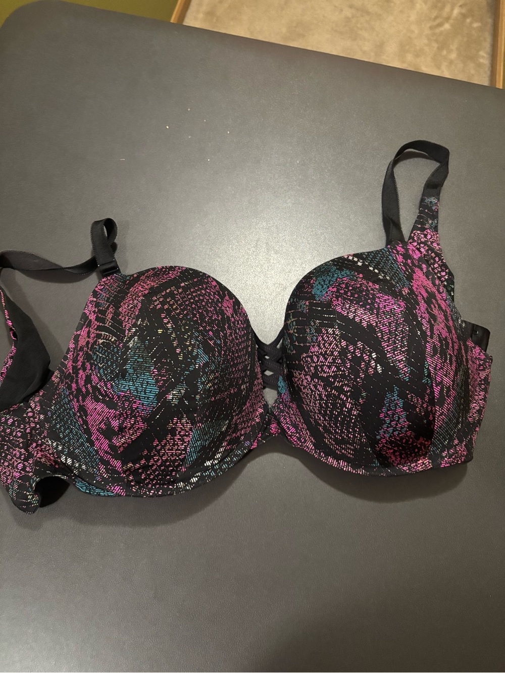 torrid Black Bra with Pink and Teal Abstract Pattern
